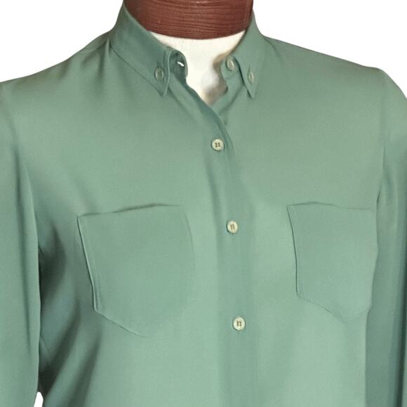 Vintage 70s Business Blouse Sheer Button Up Top Size 12 Retro Sage Green Pockets - Picture 2 of 5